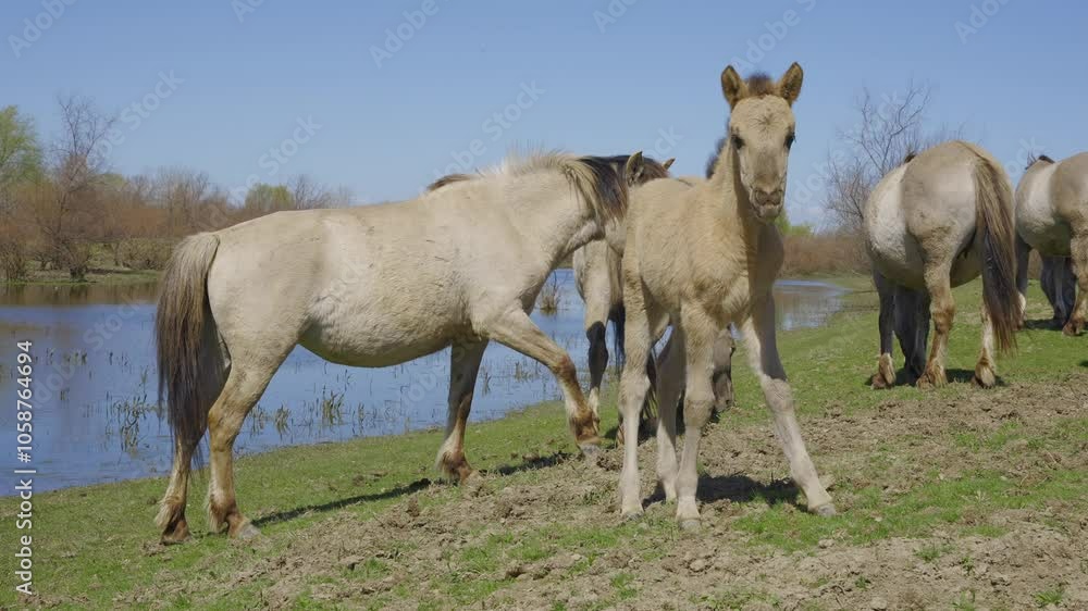 Wild horses graze in the meadow, a curious foal look at camera, on a pond and bushes in the background, Close-up, Slow motion. Wild Konik or Polish primitive horse Wild horses graze in the meadow, a curious foal look at camera, on a pond and bushes in the background, Close-up, Slow motion. Wild Konik or Polish primitive horse