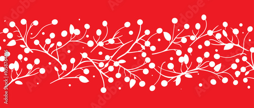 Christmas berry horizontal banner, red background. Holly, pine twigs, red berries. Winter nature design, vector illustration