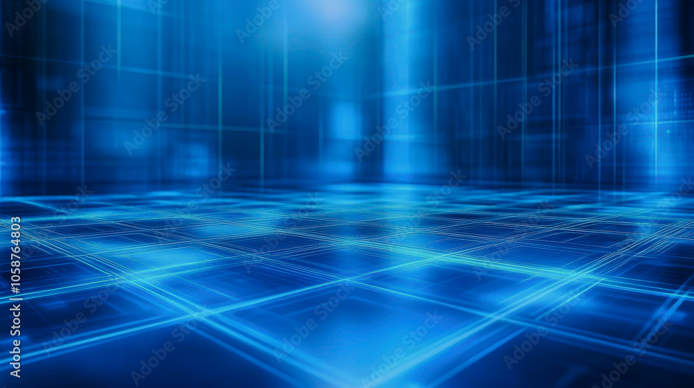 Obraz premium This image features an expansive digital floor with intricate glowing blue patterns, creating a modern and vibrant atmosphere perfect for technology themes.