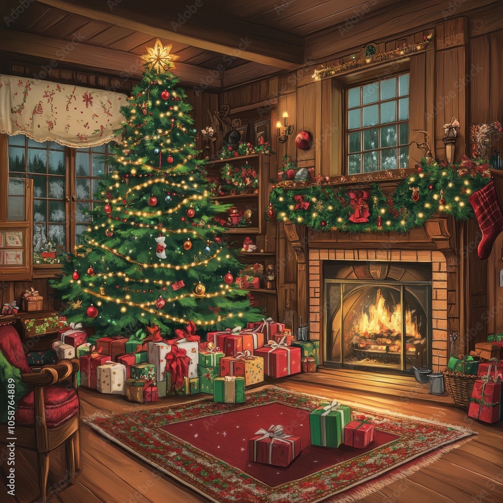 A heartwarming Christmas scene with a lavishly decorated tree, presents piled high, and a cozy fireplace aglow with warmth A heartwarming Christmas scene with a lavishly decorated tree, presents piled high, and a cozy fireplace aglow with warmth