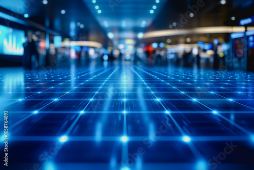 Explore an expansive digital floor featuring glowing blue lights, perfect for conveying modern technology and futuristic ambiance in various settings.