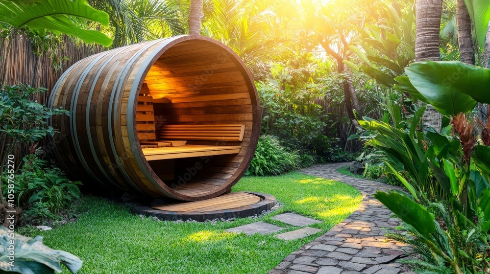 Tranquil Garden Retreat Relaxing in a Wooden Barrel Sauna, Surrounded by Lush Greenery Tranquil Garden Retreat Relaxing in a Wooden Barrel Sauna, Surrounded by Lush Greenery