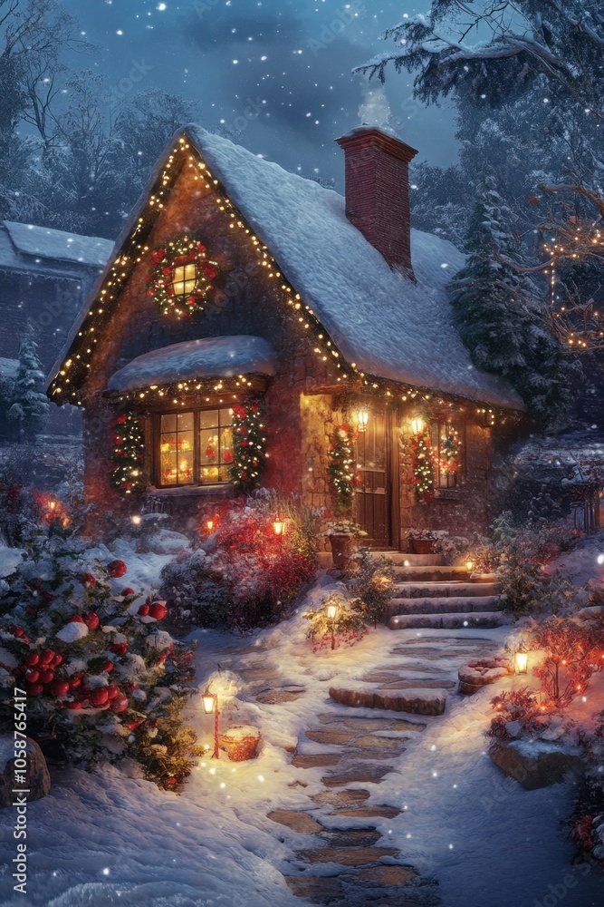 Fototapeta premium A cozy Christmas cabin nestled in a snowy forest, with a warm glow from the windows and smoke curling from the chimney