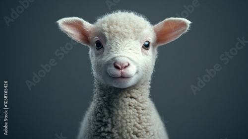 A cute baby sheep with big eyes and a pink nose