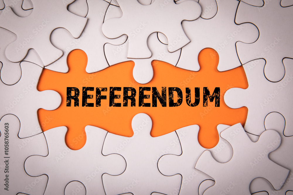 Referendum. White puzzle pieces and text on an orange background Referendum. White puzzle pieces and text on an orange background