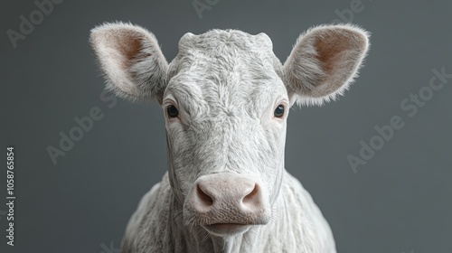 A white cow with its head turned to the side