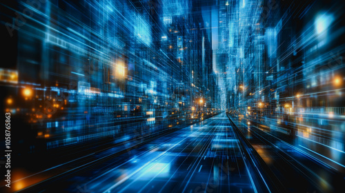 Explore a vibrant futuristic cityscape filled with digital grid lines and glowing lights, evoking a sense of innovation and technology in urban design.