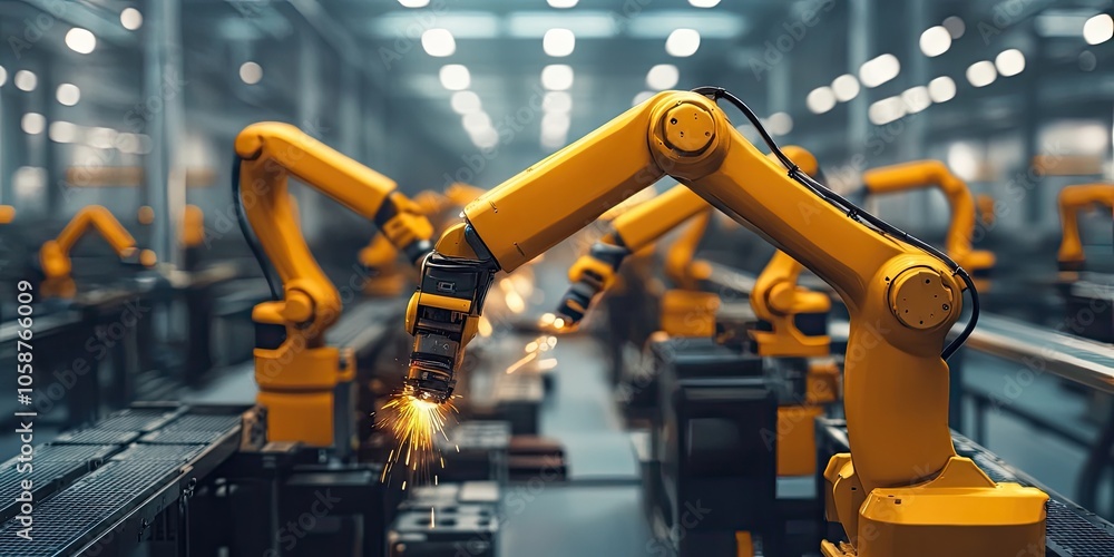Automated robotic welding takes place in an industrial setting, where robots perform welding tasks to enhance efficiency and precision in manufacturing processes. Automated robotic welding takes place in an industrial setting, where robots perform welding tasks to enhance efficiency and precision in manufacturing processes.