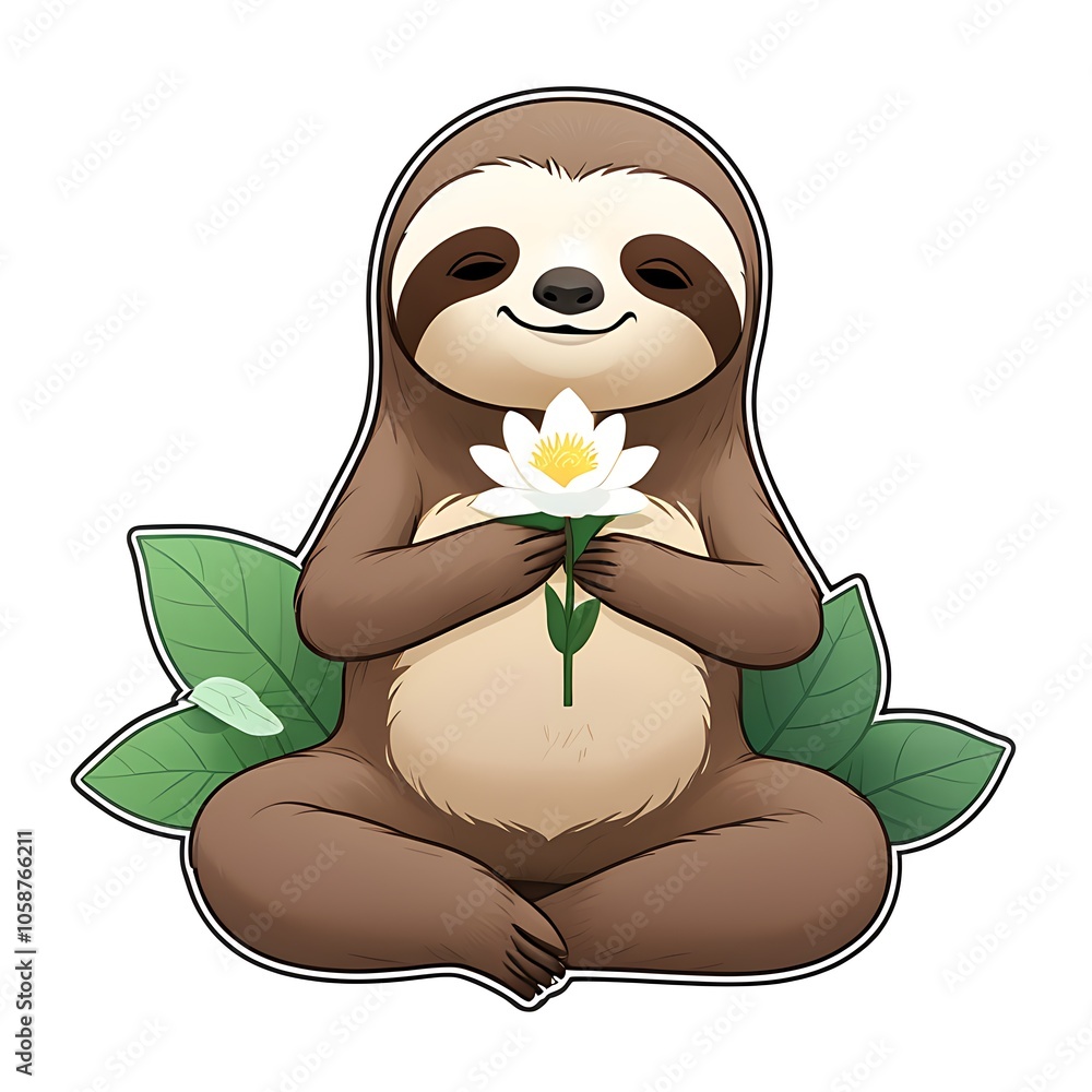 Obraz premium A happy sloth sitting in a meditative pose with a white flower in its hands.