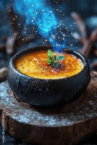 creme brulee dessert whith blue flame on a dark background photo