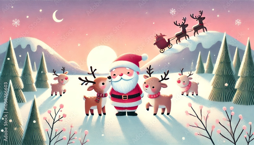 Naklejka premium Santa Claus and His Playful Reindeer Sharing a Heartwarming Sunset in a Snowy Winter Wonderland, Capturing a Cozy and Magical Moment
