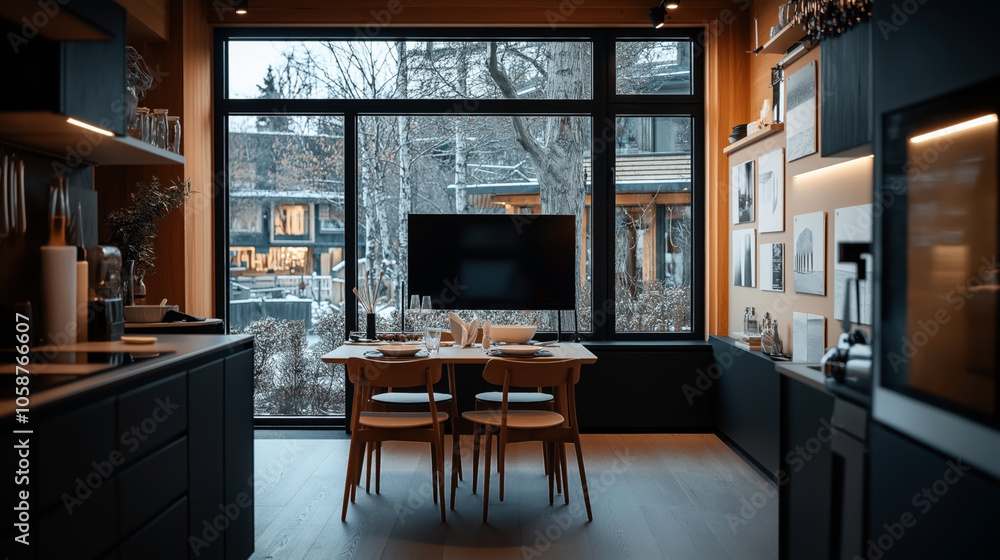 Modern dining area with a view of an outdoor snowy scene through large glass windows. Inside features a set table with chairs, wall-mounted decor, and sleek kitchen appliances. Modern dining area with a view of an outdoor snowy scene through large glass windows. Inside features a set table with chairs, wall-mounted decor, and sleek kitchen appliances.