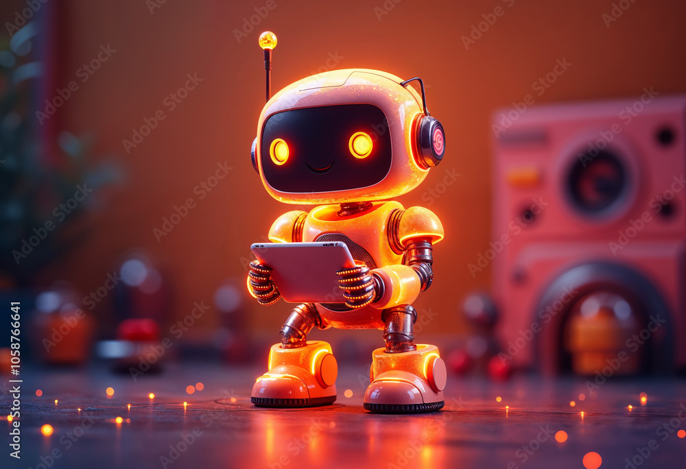 Orange robot using tablet isolate on background PNG Orange robot using tablet isolate on background PNG