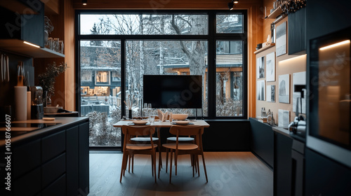 Wallpaper Mural Modern dining area with a view of an outdoor snowy scene through large glass windows. Inside features a set table with chairs, wall-mounted decor, and sleek kitchen appliances. Torontodigital.ca