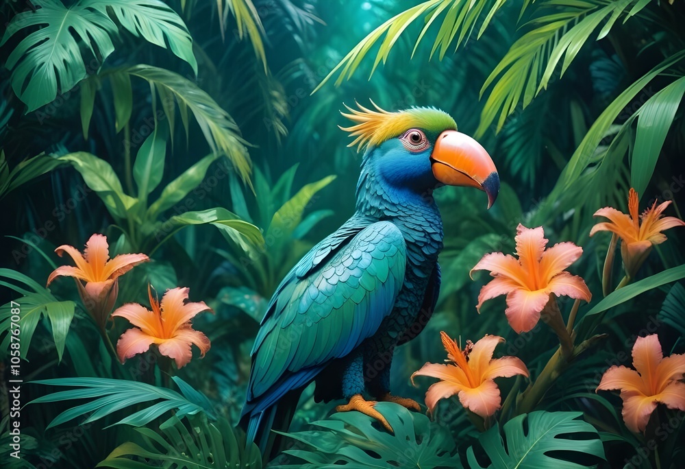 Tropical exotic pattern with animal and flowers in bright colors and lush vegetationn Tropical exotic pattern with animal and flowers in bright colors and lush vegetationn