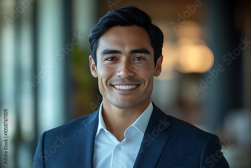 Happy Businessman in Navy Suit with Blurred Office Background