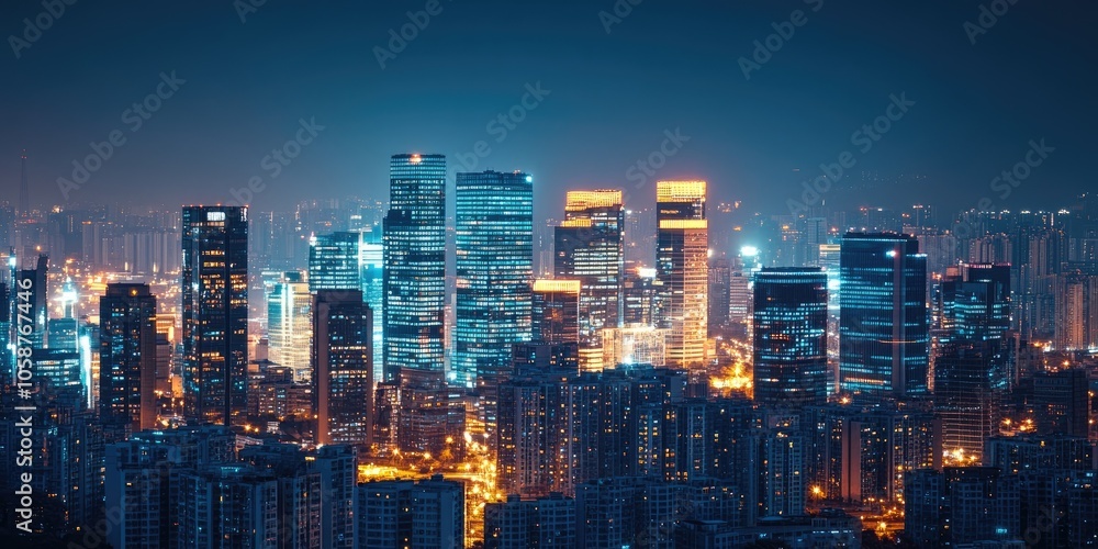 Nighttime perspective of a brightly lit city skyline Urban skyline showcasing multiple office buildings illuminated against the dark sky at night. Nighttime perspective of a brightly lit city skyline Urban skyline showcasing multiple office buildings illuminated against the dark sky at night.