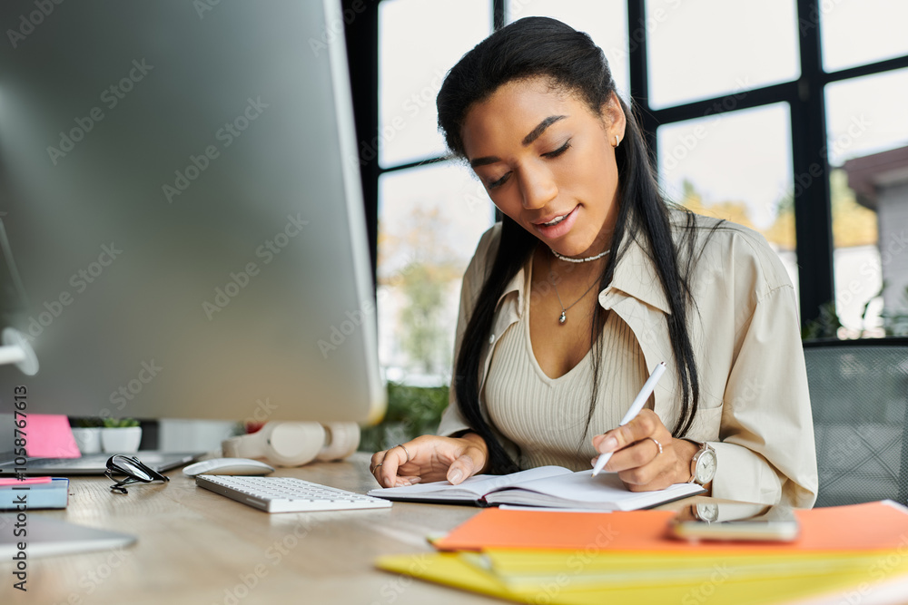 A beautiful young woman is focused on jotting down notes at her sleek office desk in daylight. A beautiful young woman is focused on jotting down notes at her sleek office desk in daylight.