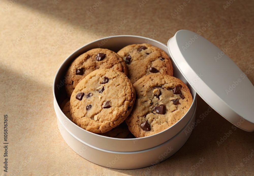 A big round isolated box of cookies with chocolate drops and chunks on a beige natural background. Sweet tasty bakery. Empty space for your text or design. A big round isolated box of cookies with chocolate drops and chunks on a beige natural background. Sweet tasty bakery. Empty space for your text or design.