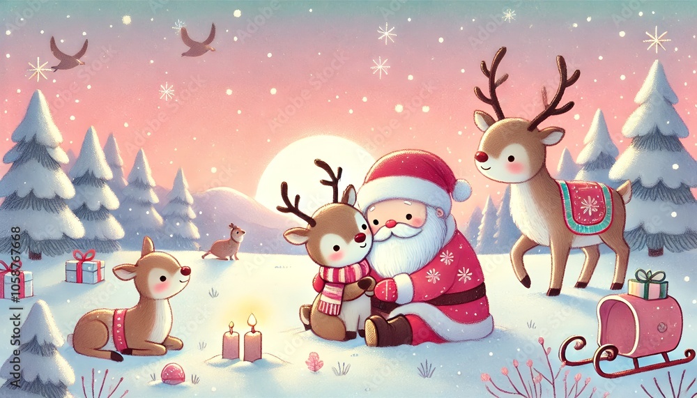 Santa Claus Sharing a Heartfelt Moment with His Reindeer Under a Warm Sunset in a Snowy Forest, Surrounded by Candles, Gifts, and Playful Woodland Creatures Santa Claus Sharing a Heartfelt Moment with His Reindeer Under a Warm Sunset in a Snowy Forest, Surrounded by Candles, Gifts, and Playful Woodland Creatures