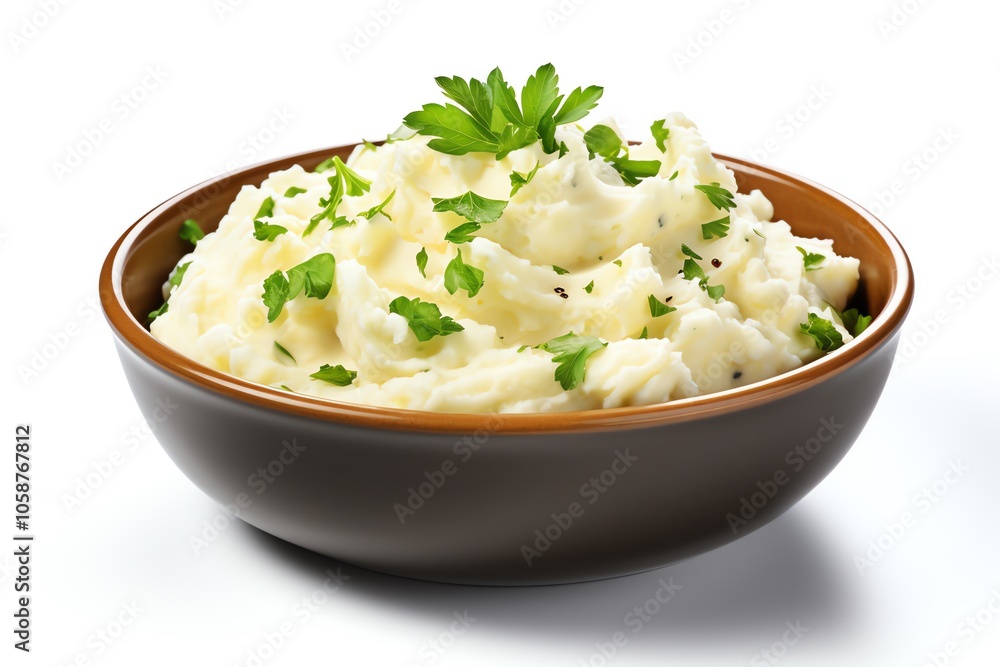 A bowl of creamy mashed potatoes garnished with fresh parsley. A bowl of creamy mashed potatoes garnished with fresh parsley.
