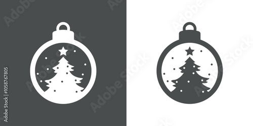 Decoración de Navidad. Logo con silueta de bola de navidad en espacio negativo con árbol de navidad con estrella para tarjetas y felicitaciones