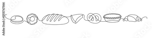 Bakery frame border doodle. Continuous line drawing. Bread, pretzel, pie, croissant, biscuit, doughnut.