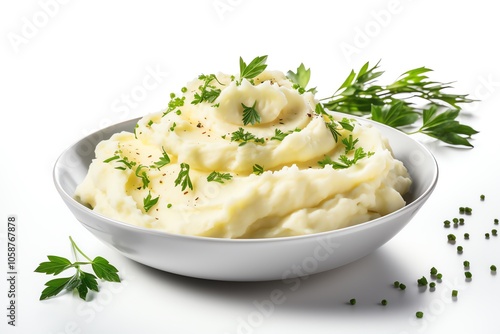 A bowl of creamy mashed potatoes with parsley and peppercorns on a white background.