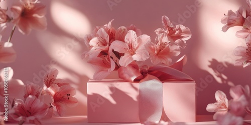 A gift box adorned with pink flowers and a ribbon sits against a soft pink backdrop. This evokes a sense of celebration and highlights luxurious packaging.