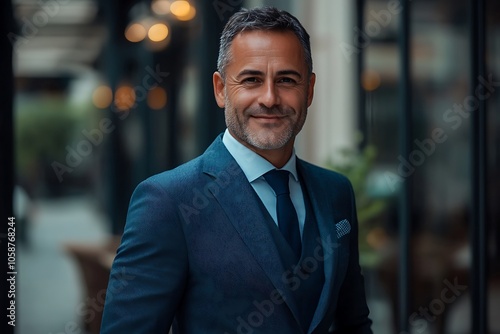 Happy Businessman with Gray Beard in City Setting