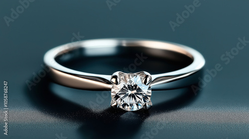 Close-up of a solitaire diamond engagement ring with a polished metal band on a dark reflective surface.