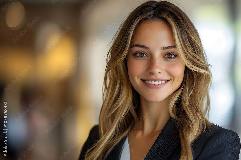 Happy Businesswoman Close-up Portrait with Bright Smile and Long Hair Happy Businesswoman Close-up Portrait with Bright Smile and Long Hair