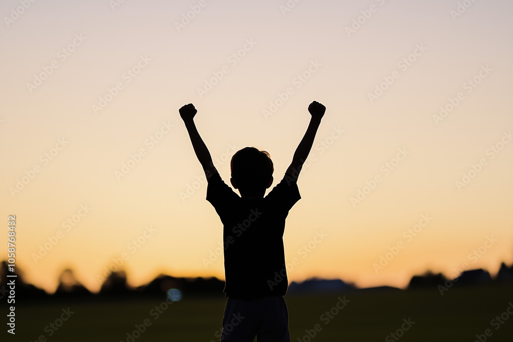 Silhouetted against a vibrant sunset, a young boy stands triumphantly with his arms lifted high, embodying pure joy and freedom in an expansive field. Generative AI Silhouetted against a vibrant sunset, a young boy stands triumphantly with his arms lifted high, embodying pure joy and freedom in an expansive field. Generative AI