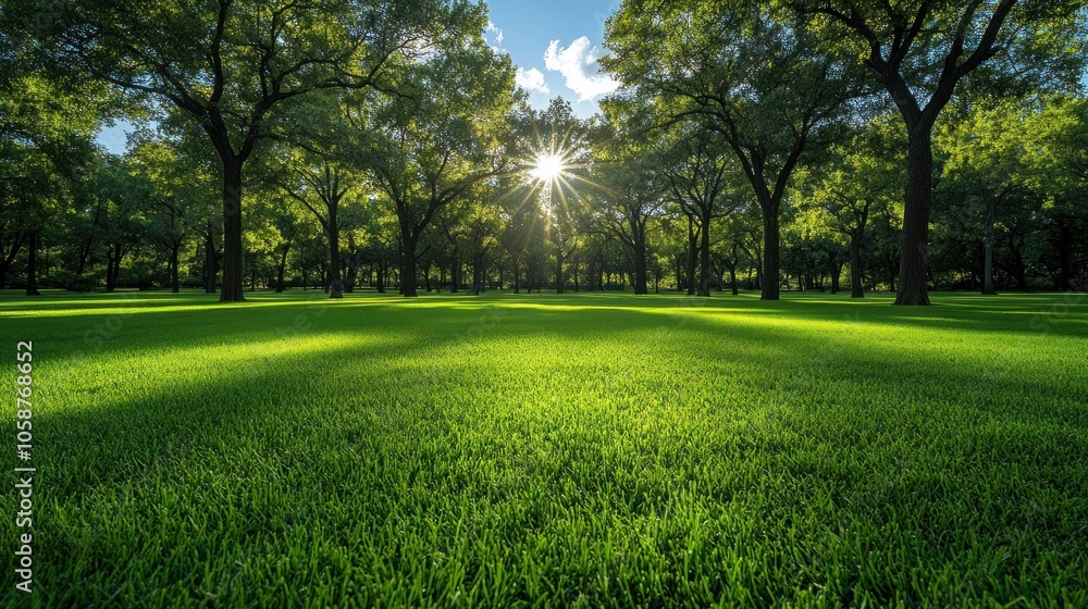 Sunlight Shining Through Trees in a Green Meadow Sunlight Shining Through Trees in a Green Meadow