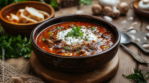 Delicious tomato-based soup garnished with fresh cottage cheese, herbs, and vegetables in a rustic wooden bowl, offering a comforting culinary experience.