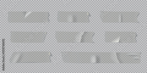 Adhesive paper tape set isolated on transparent background. Transparent torn sticky pieces. Collection of vector realistic different masking tape pieces.