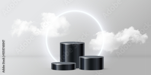 Three 3d black product podiums with white circle neon shiny frame and clouds vector illustration. Dark round stand pedestals for luxury product presentation isolated on gray background.