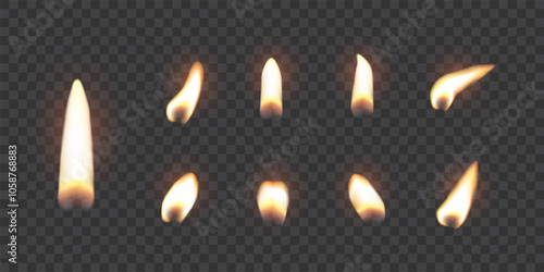Candle flames. Candlelight fires vector illustration set. Realistic flame light on wick of candlestick, small romantic glow flare in night, collection isolated on transparent background.