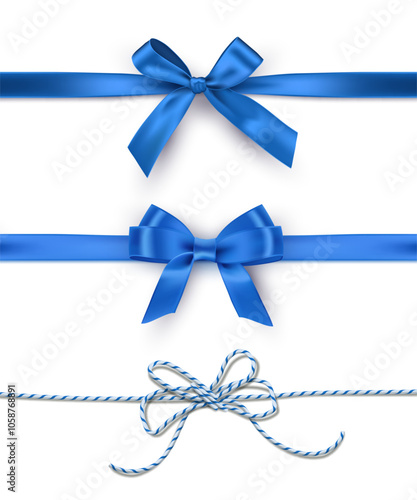 Blue ribbons with bow on white background. Blue gift wrapping decoration elements. Present box decorations. Realistic 3d vector illustration set.