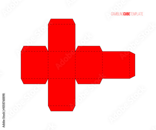 Red paper cube template to make box vector illustration. Printable blueprint of scheme to cut geometric model, papercraft to assemble blank parallelepiped for board game isolated on transparent.