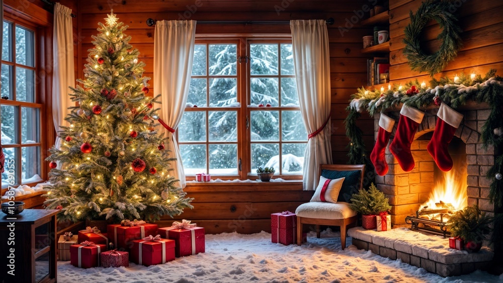 A cozy fireplace adorned with a Christmas tree and colorful stockings hanging above it, creating a festive atmosphere.