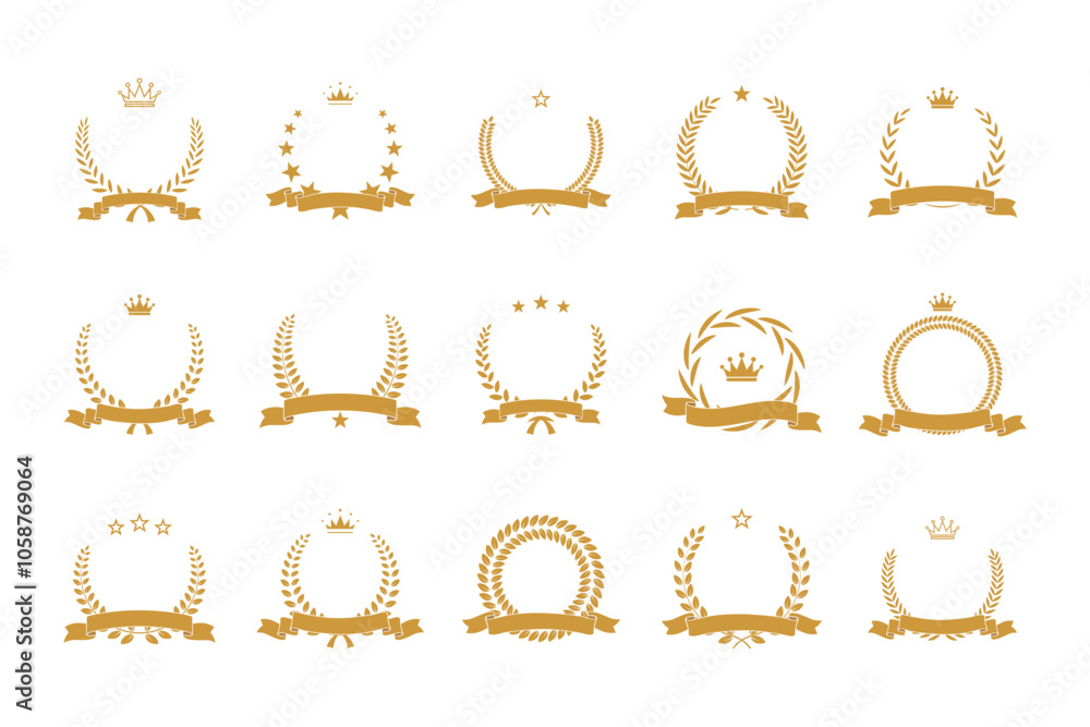 Gold award laurel wreath set vector illustration with ribbon, stars, crown and empty place for name of winner. 3D prize for awarding ceremony, championship, best player. Quality certified icons. Gold award laurel wreath set vector illustration with ribbon, stars, crown and empty place for name of winner. 3D prize for awarding ceremony, championship, best player. Quality certified icons.
