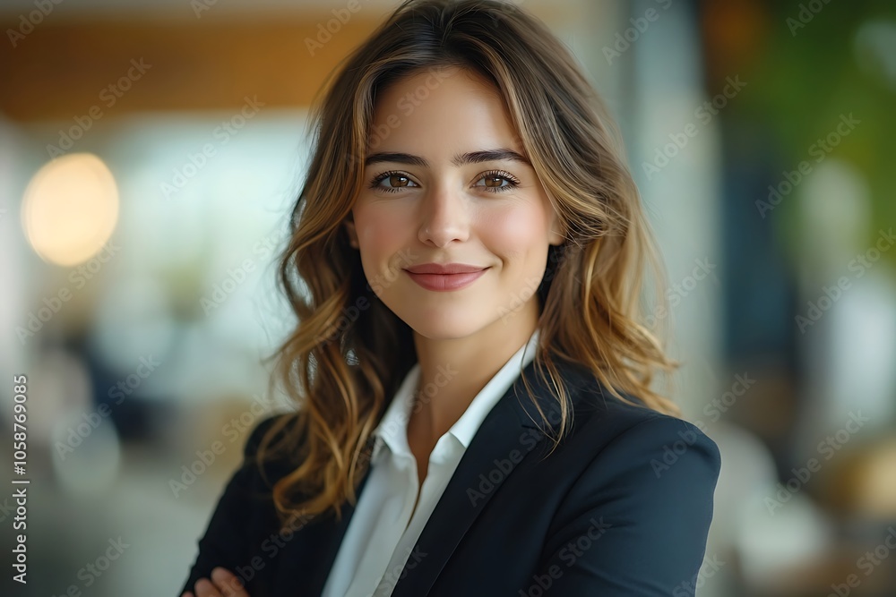Happy Businesswoman in Black Blazer Smiling in Office Happy Businesswoman in Black Blazer Smiling in Office