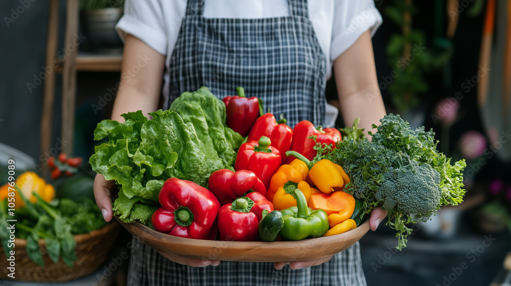 Fototapeta premium Kolorowe warzywa na stole, promujące zdrowe odżywianie i styl życia. 