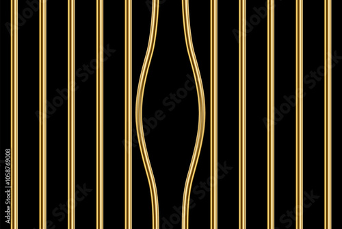 3D realistic broken golden cage with bent sticks to suspects crime escape from police jail, grate with gold curved rod for criminal jailbreak. Prison bars vector illustration.