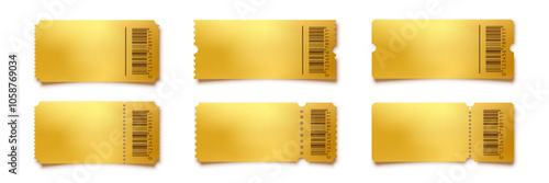 Gold empty tickets templates set. Golden vector coupon, stickers or discount tags mockups collection isolated on white background. Cinema, theater, concert, party, event, festival invitation entrance.