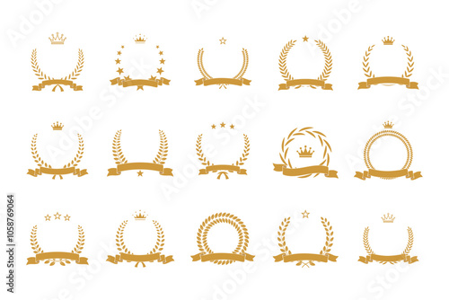 Gold award laurel wreath set vector illustration with ribbon, stars, crown and empty place for name of winner. 3D prize for awarding ceremony, championship, best player. Quality certified icons.