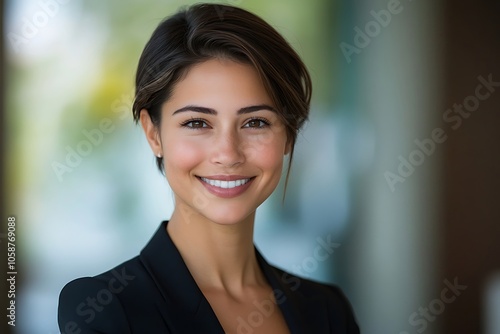 Happy Businesswoman in Black Blazer - Portrait in Office Setting