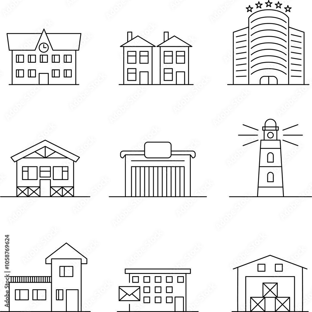 Buildings line icon set. Bank, library, school, courthouse, hospital, university, church, temple, office building, hotel, store, warehouse, farm, factory. Architecture concept. Office, city, real esta Buildings line icon set. Bank, library, school, courthouse, hospital, university, church, temple, office building, hotel, store, warehouse, farm, factory. Architecture concept. Office, city, real esta