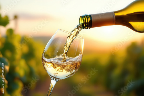 A close-up of a glass of white wine is being poured in a vineyard at sunset.